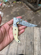 Handmade Damascus Folding Knife with Bone Handle – Compact EDC Pocket Knife with Leather Sheath