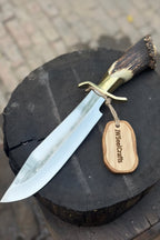 Handmade Carbon Steel Hunting Knife with Stag Horn Handle & Leather Sheath