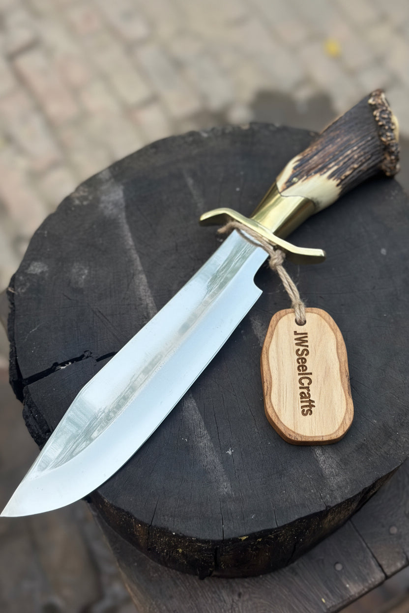 Handmade Carbon Steel Hunting Knife with Stag Horn Handle & Leather Sheath