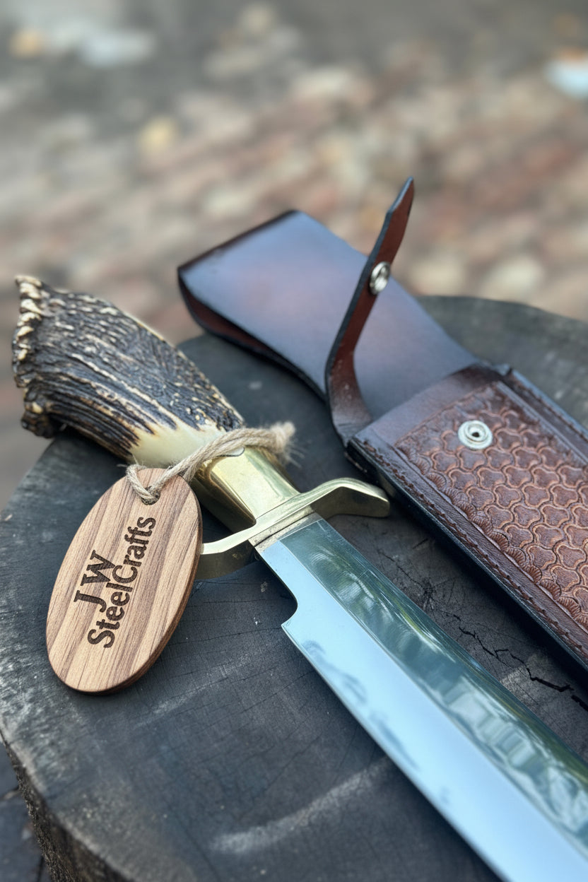 Handmade Carbon Steel Hunting Knife with Stag Horn Handle & Leather Sheath