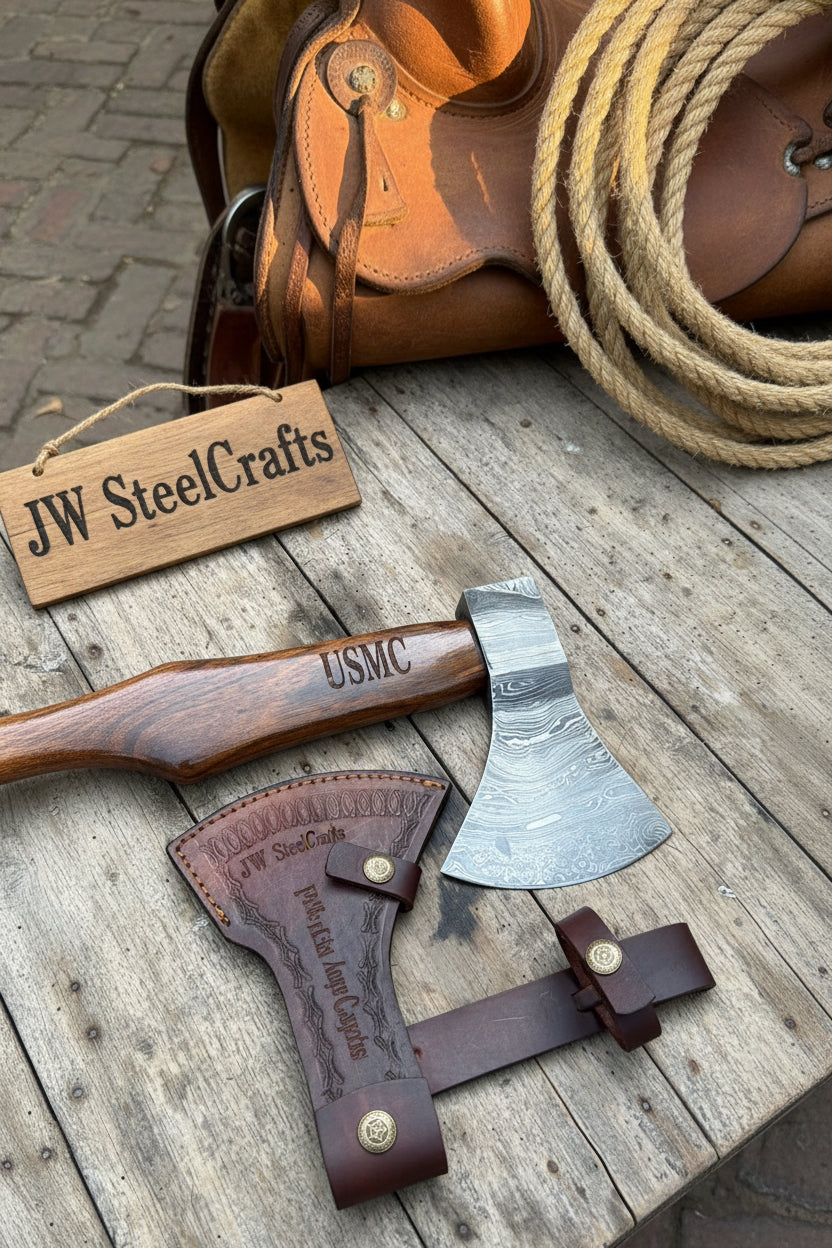 Hand Forged Damascus Steel Broad Edge Belt Axe with Hardwood Handle and Leather Sheath | JW SteelCrafts