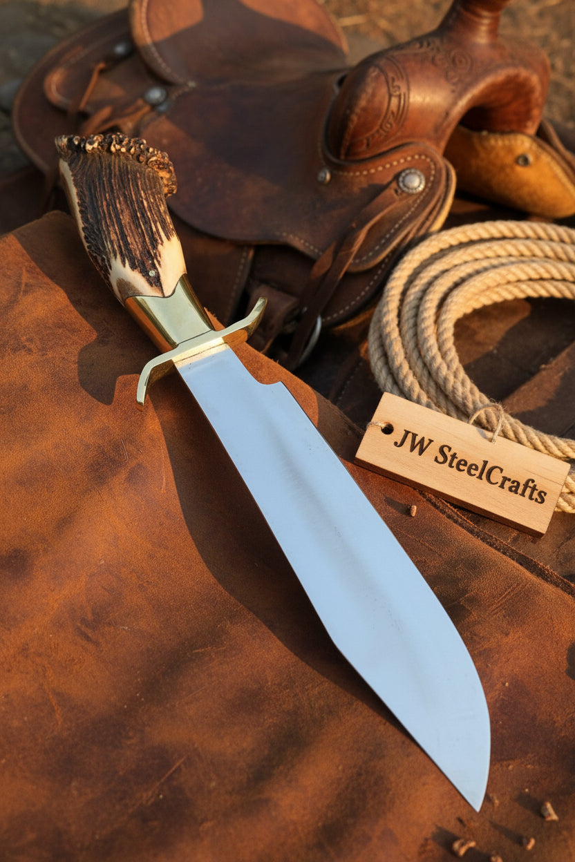 Handmade Carbon Steel Hunting Knife with Stag Horn Handle & Leather Sheath