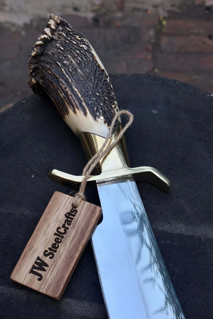 Handmade Carbon Steel Hunting Knife with Stag Horn Handle & Leather Sheath