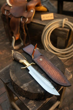 Handmade Carbon Steel Hunting Knife with Stag Horn Handle & Leather Sheath