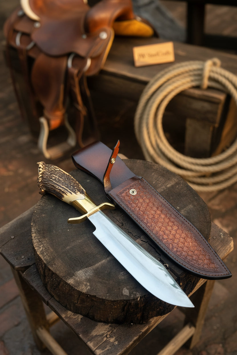 Handmade Carbon Steel Hunting Knife with Stag Horn Handle & Leather Sheath