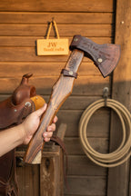 Hand Forged Damascus Steel Broad Edge Belt Axe with Hardwood Handle and Leather Sheath | JW SteelCrafts